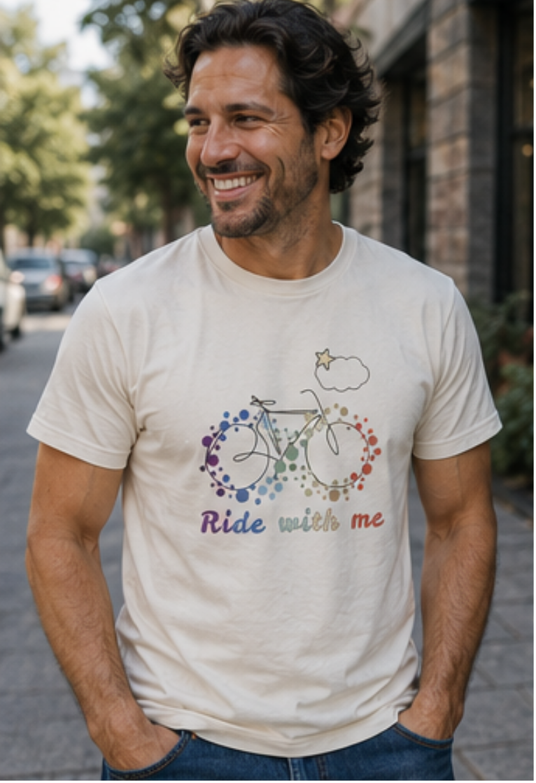Father wearing Ride With Me autism awareness matching T-shirt outdoors.
Matching autism dad T-shirt celebrating inclusion, acceptance, and unconditional love. Designed for fathers supporting autistic children and neurodivergent families while promoting autism acceptance everywhere they go.