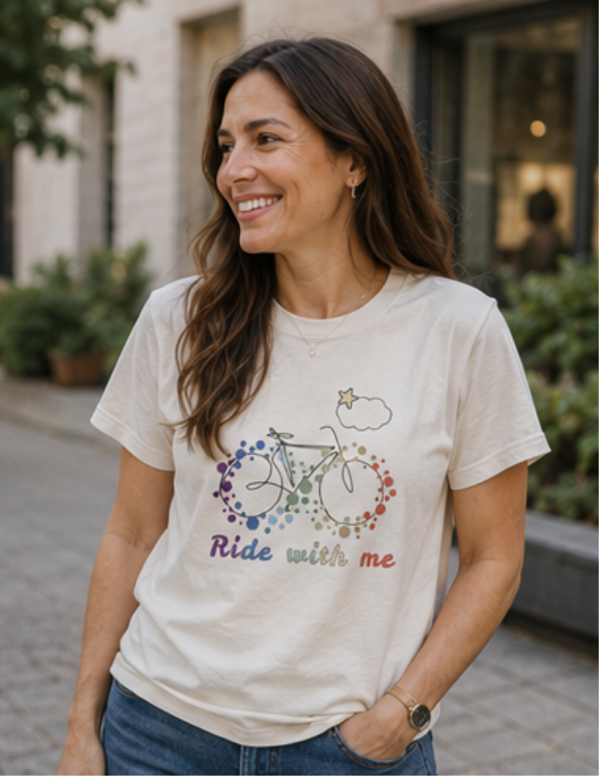 Mother wearing Ride With Me autism awareness matching family T-shirt outdoors.
Matching autism family shirt for mothers who proudly support neurodiversity and autism acceptance. Comfortable everyday apparel for autism moms, caregivers, advocates, and parents raising neurodivergent children.