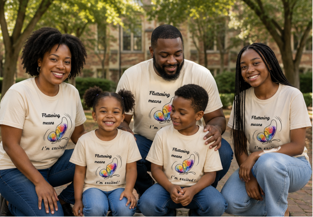 A family of dad, mom, teen, kid and toddler wearing a T-shirt for autism awareness and normalizing flapping and stimming