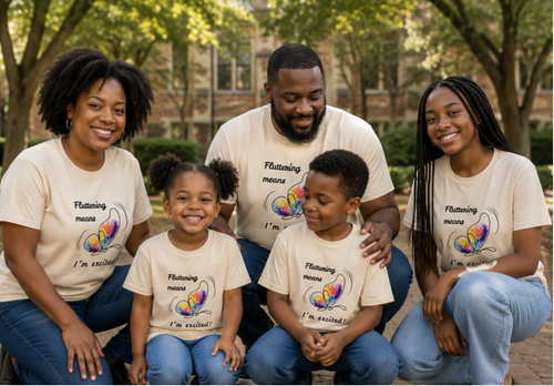 A family of dad, mom, teen, kid and toddler wearing a T-shirt for autism awareness and normalizing flapping and stimming