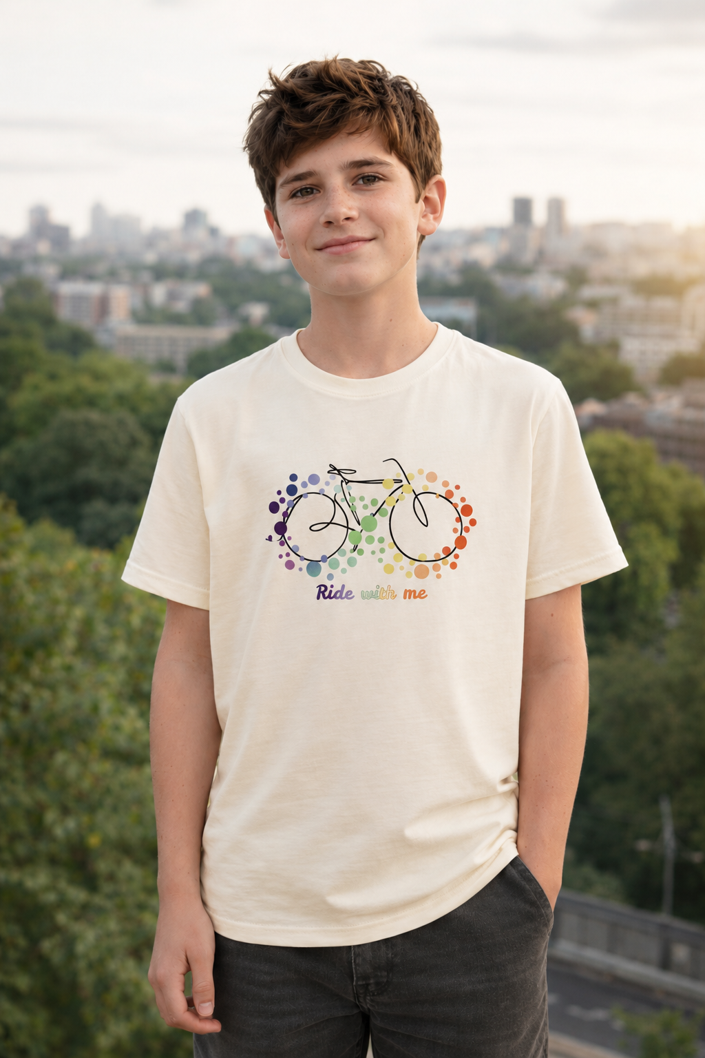Smiling neurodivergent youth wearing Ride With Me autism acceptance T-shirt in a modern outdoor setting.