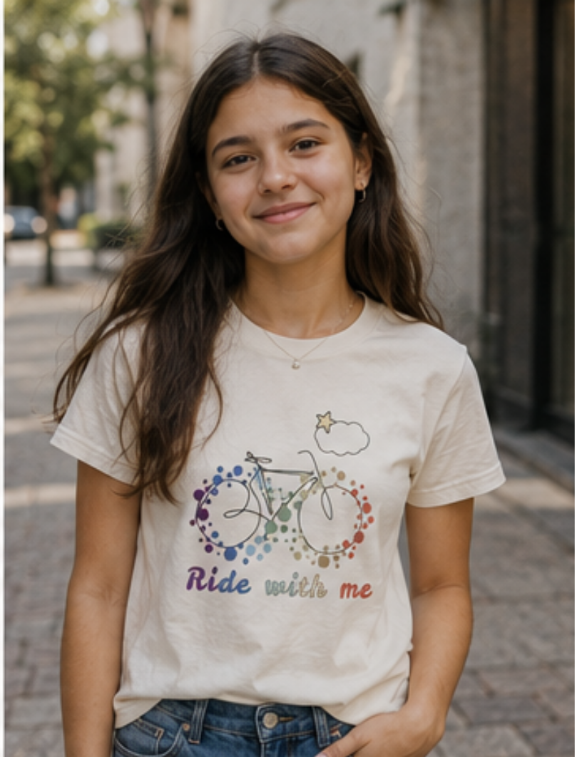 Smiling neurodivergent daughter wearing Ride With Me autism acceptance T-shirt in a modern outdoor setting.