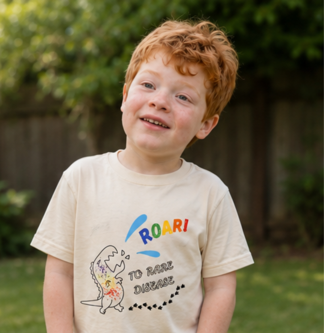 A boy wearing a T-Shirt to advocate for Rare Disease. No collar tags