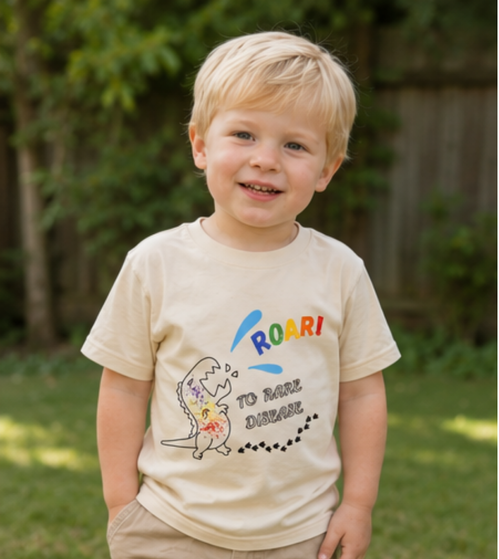 A toddler wearing a sensory-friendly T-Shirt to advocate for Rare Disease