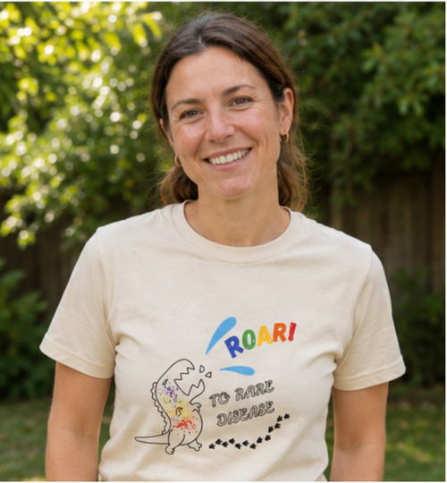 Woman wearing rare disease advocacy T-shirt