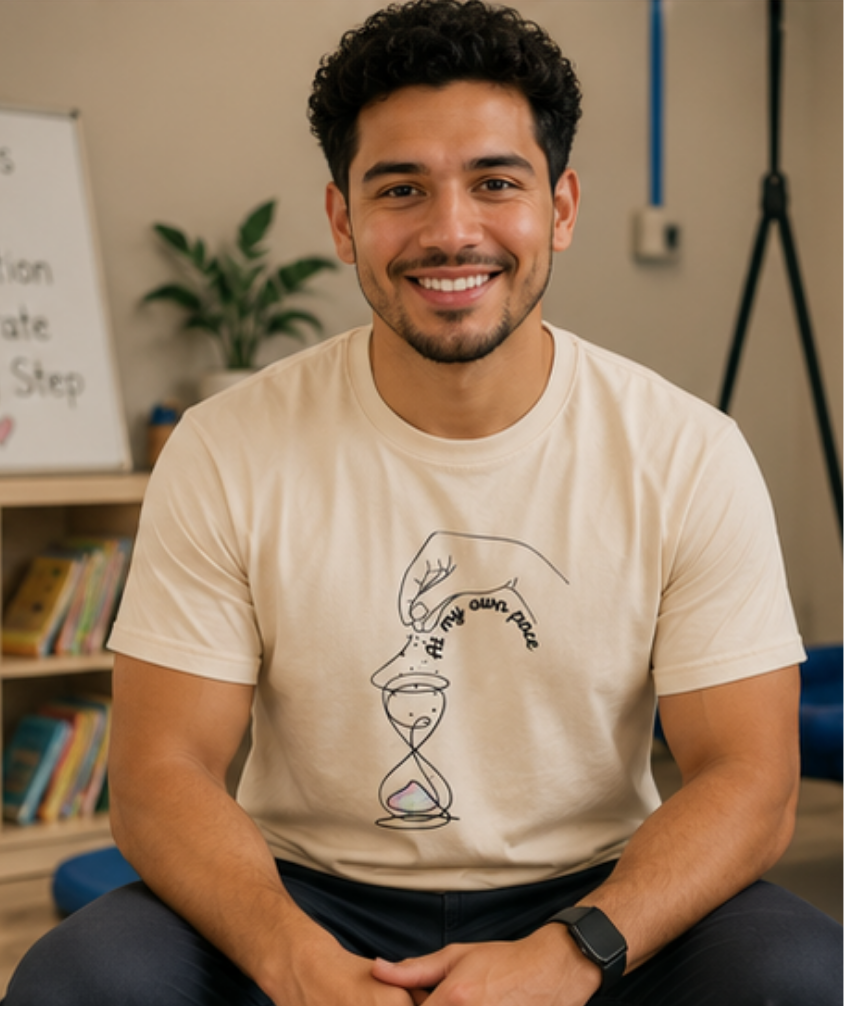 Man wearing a beige T-shirt with a graphic design of At my own pace. Autism advocacy, neurodiversity awareness.