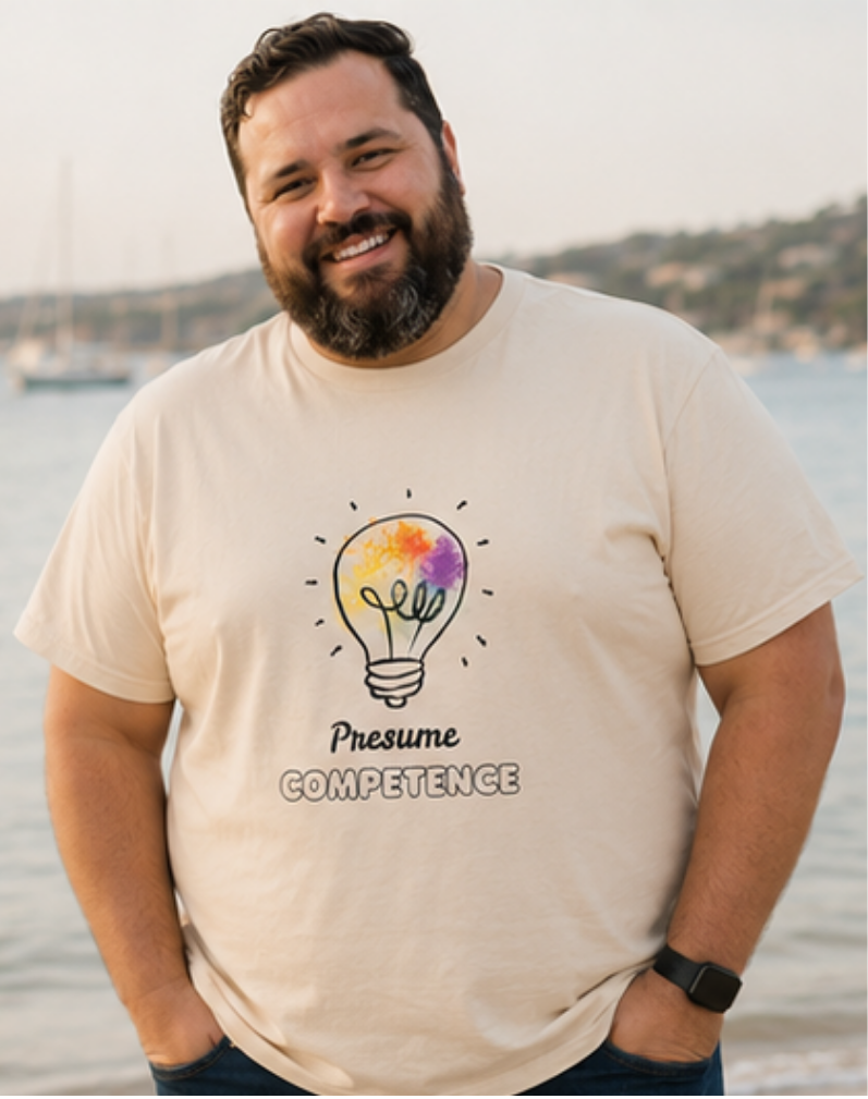 Man wearing a sensory-friendly soft T-shirt to support autism awareness