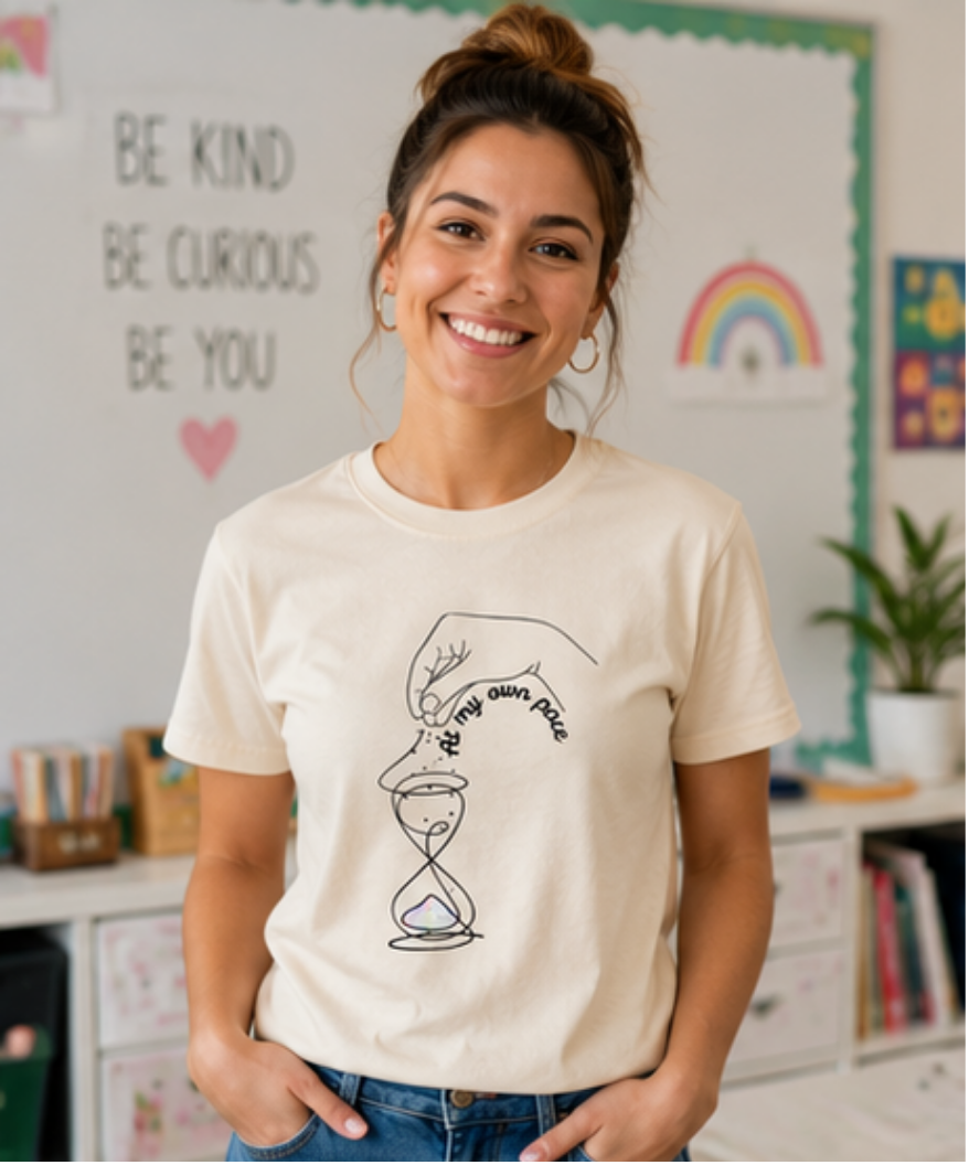 Woman wearing a t-shirt with a design  "At my own pace" in a classroom setting. Neurodiversity acceptance